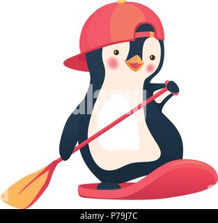 Penguin floating on SUP board. Paddle board. Penguin vector illustration Stock Vector