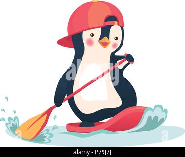 Penguin floating on SUP board. Paddle board. Penguin vector illustration Stock Vector