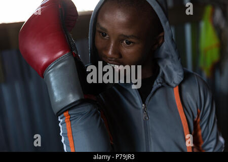 Male boxer practicing boxing in fitness studio Stock Photo