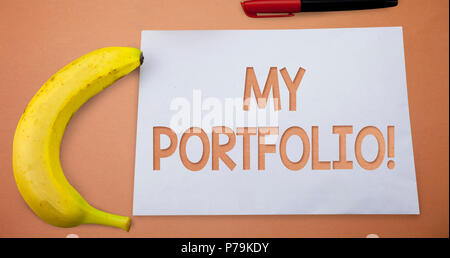 Text sign showing My Portfolio Motivational Call. Conceptual photo Samples of work Art drawings photography Small paper drawing lines office work refr Stock Photo