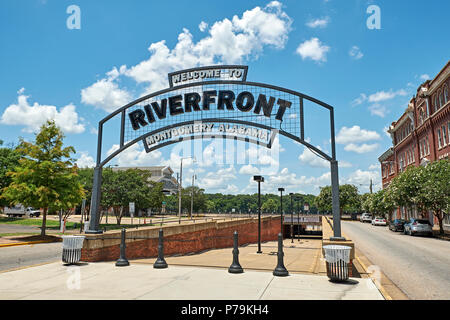 Welcome to Riverfront Montgomery Alabama sign at the entrance to a popular tourist attraction in downtown, Montgomery Alabama USA. Stock Photo