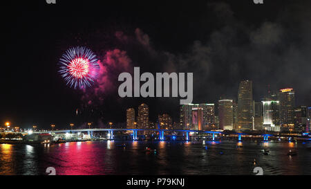 Fire works celebrating American Independence Day (Fourth of July) and the City of Miami skyline, Miami, Florida, 2018. Stock Photo