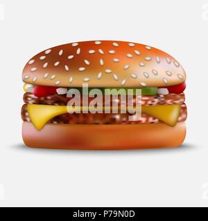Realistic Hamburger. Classic Burger on white background Stock Vector