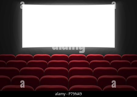 movie cinema hall with white screen and red row chairs Stock Vector