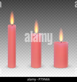 set of realistic paraffin burning candles isolated on a transparent background. Stock Vector