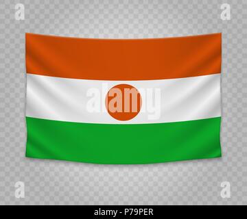 Realistic hanging flag of Niger. Empty  fabric banner illustration design. Stock Vector