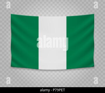 Realistic hanging flag of Nigeria. Empty  fabric banner illustration design. Stock Vector