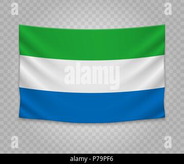 Realistic hanging flag of Sierra Leone. Empty  fabric banner illustration design. Stock Vector