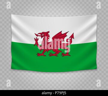 Realistic hanging flag of Wales. Empty  fabric banner illustration design. Stock Vector