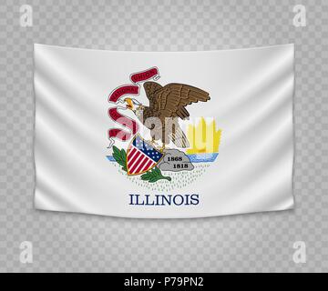 Realistic hanging flag of Illinois. State of USA. Empty  fabric banner illustration design. Stock Vector