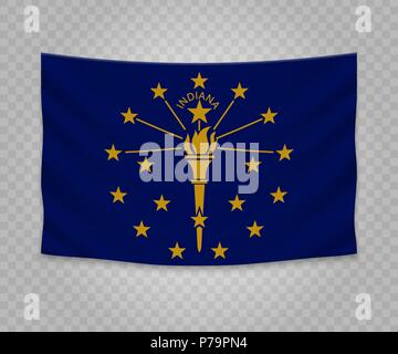 Realistic hanging flag of Indiana. State of USA. Empty  fabric banner illustration design. Stock Vector