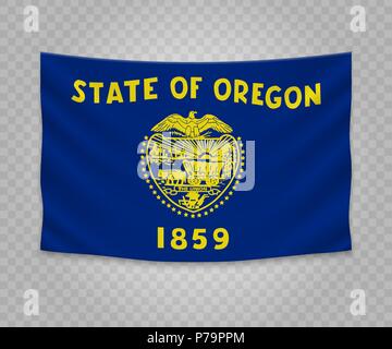 Realistic hanging flag of Oregon. State of USA. Empty  fabric banner illustration design. Stock Vector