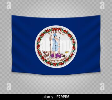 Realistic hanging flag of Virginia. State of USA. Empty  fabric banner illustration design. Stock Vector