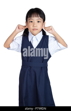 Asian Little Chinese Girl pulling her ears in isolated White Background Stock Photo