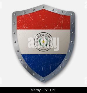 Old Shield with Flag of Paraguay. vector illustration Stock Vector