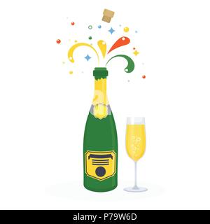 bottle of Champagne explosion with glass Stock Vector