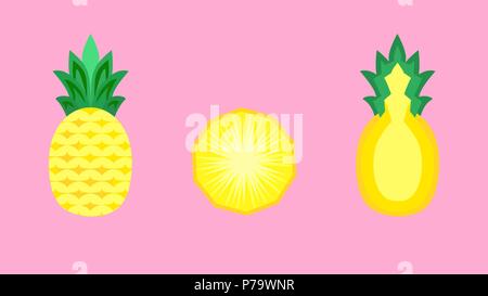 Pineapple fruit whole, halved and sliced in flat design vector style banner Stock Vector