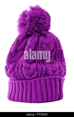 Purple bobble hat or knit hat isolated against a white background. Stock Photo