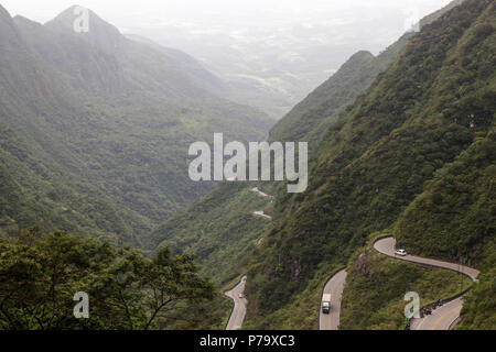 Santa Catarina, Brazil. Panoramic view of mountain road curves in a cloudy day. Stock Photo