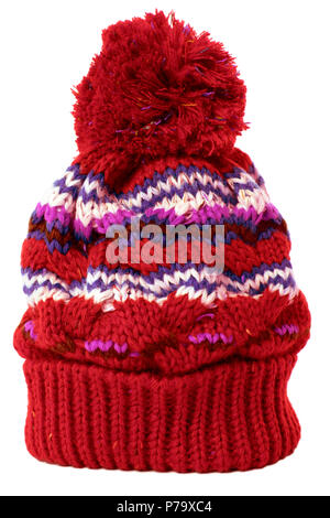 Red bobble hat or knit hat isolated against a white background. Stock Photo