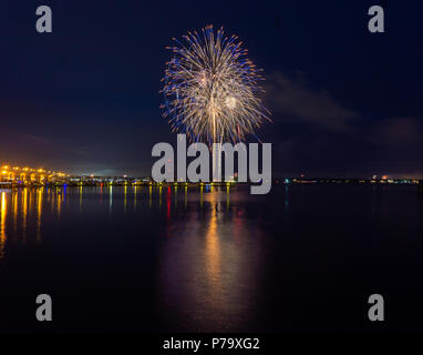 Fourth of July Independence Day Fireworks at Downtown Stuart Riverwalk on the water 2018 Stock Photo