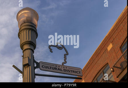 Street lighting and signage in Boise's Cultural District on a summer evening. Boise, Idaho, USA. Stock Photo