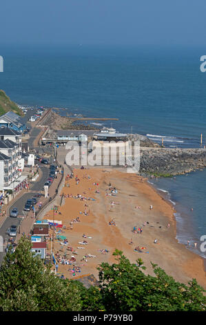 Ventnor beach, harbour, bandstand and Ventnor Bay in summer, viewed from cliff top, Ventnor, Isle of Wight, UK Stock Photo