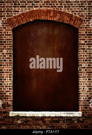 Arched window architectural feature in red brick with white stone windowsill. Added texture and rusted style background and space for text or image in Stock Photo