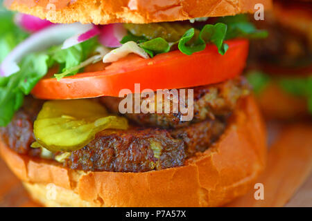Closeup of hearty meatloaf sandwich on brioche buns Stock Photo