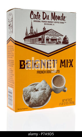 Winneconne, WI - 1 July 2018: A box of Cage Du Monde beignet mix French donuts on an isolated background. Stock Photo
