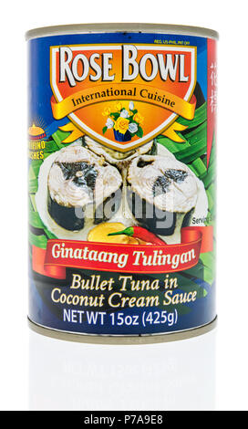 Winneconne, WI - 1 July 2018: A can of Rose owl Interanational cuisine Ginataang Tulingan bullet tuna in coconut cream sauce on an isolated background Stock Photo