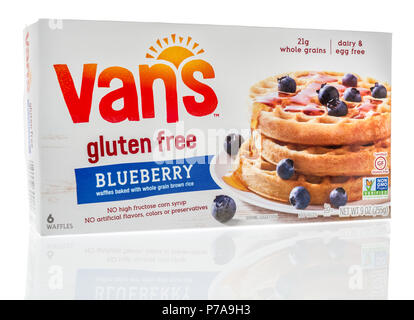 Winneconne, WI - 1 July 2018: A box of Van's gluten free blueberry waffles on an isolated background. Stock Photo