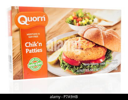 Winneconne, WI - 1 July 2018: A box of Quorn meatless chik'n patties on an isolated background. Stock Photo