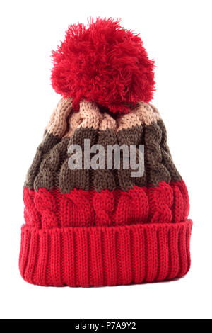 Red striped bobble knit hat or ski hat isolated on a white background. Stock Photo