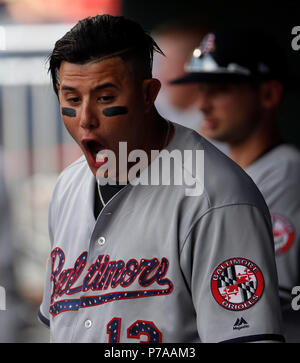 Philadelphia, Pennsylvania, USA. 4th July, 2018. Baltimore Orioles shortstop Manny Machado (13) reacts during the MLB game between the Baltimore Orioles and Philadelphia Phillies at Citizens Bank Park in Philadelphia, Pennsylvania. Christopher Szagola/CSM/Alamy Live News Stock Photo