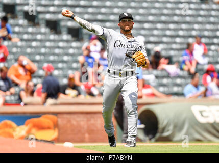 Jul 01, 2018: Chicago White Sox second baseman Yolmer Sanchez #5 makes a play to first base for an out during an MLB game between the Chicago White Sox and the Texas Rangers at Globe Life Park in Arlington, TX Chicago defeated Texas 10-5 Albert Pena/CSM Stock Photo