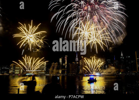 July 4th fireworks over East River in New York City, USA Stock Photo ...