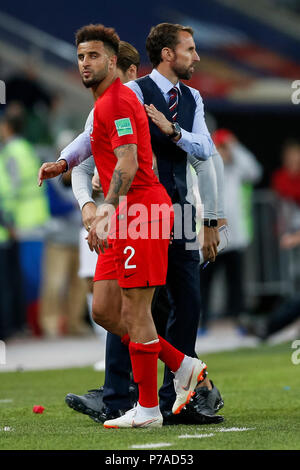 Moscow, Russia. 3rd July, 2018. Kyle Walker of England and England Manager Gareth Southgate during the 2018 FIFA World Cup Round of 16 match between Colombia and England at Spartak Stadium on July 3rd 2018 in Moscow, Russia. (Photo by Daniel Chesterton/phcimages.com) Credit: PHC Images/Alamy Live News Stock Photo