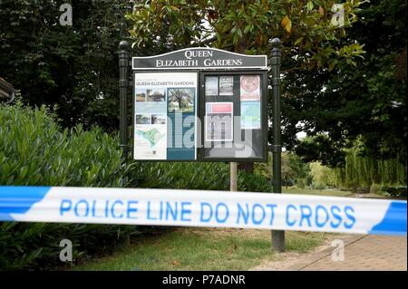Amesbury, Wiltshire, UK. 5th July, 2018. Queen Elizabeth Gardens, Salisbury . Dawn Sturgess and Charlie Rowley were left in critical condition after an exposure to novichok. Credit: Finnbarr Webster/Alamy Live News Stock Photo