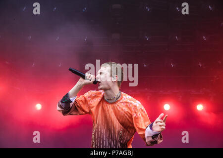 Denmark, Roskilde - July 5, 2018. The Norwegian rapper Cezinando ...