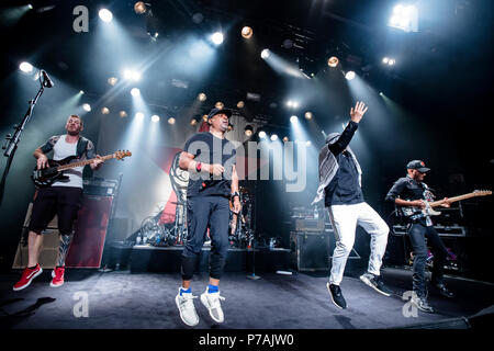 Norway, Oslo - July 4, 2018. The American rap group Prophets of Rage performs a live concert at USF Verftet in Bergen. Here rappers Chuck D and B-Real are seen live on stage with bass player Tim Commerford and guitarist Tom Morello. (Photo credit: Gonzales Photo - Jarle H. Moe). Stock Photo