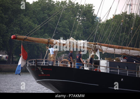 Greenwich,UK,5th July 2018,Tall ships sail through Greenwich in London on their way to Tower Bridge. Credit Keith Larby/Alamy Live News Stock Photo