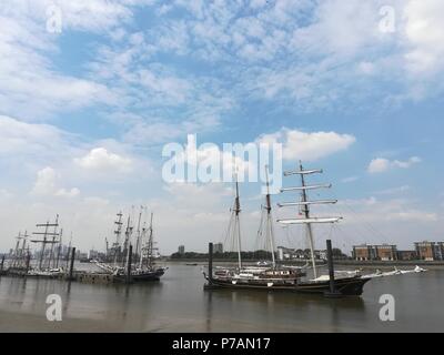 Greenwich, London, UK. 5th July, 2018. Tall ships Festival kicks off in Greenwich, London Credit: Nastia M/Alamy Live News Stock Photo