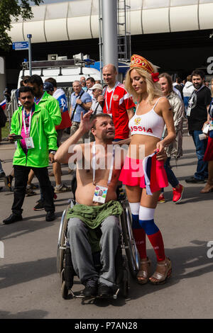 Moscow, Russia - July 01, 2018: FIFA World Cup 2018, Football fans at the game Russia-Spain in round of 16 Stock Photo