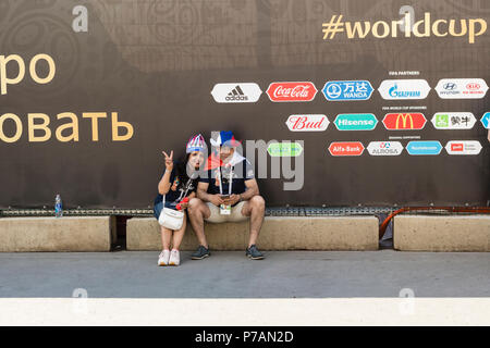 Moscow, Russia - July 01, 2018: FIFA World Cup 2018, Football fans at the game Russia-Spain in round of 16 Stock Photo