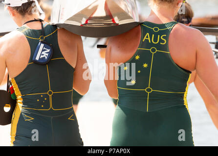 Henley Royal Regatta, Henley on Thames, UK. 5th July 2018.  2018 see the most Gender equal competition yet. 3 new trophies and the extension of some existing trophies to start on Wednesday instead of Friday. Credit: Allan Staley/Alamy Live News Stock Photo