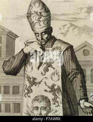 Convicted heretic before the Inquisition wearing a samarra. Engraving. 1692. Stock Photo