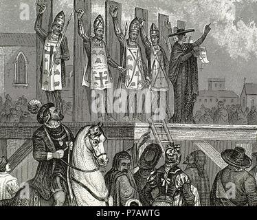 Spanish Inquisition. Auto-da-fe. Condemned in the scaffold wearing the penitential garment known as Sanbenito. Engraving. 19th century. Stock Photo