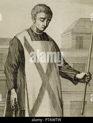 Convicted heretic before the Inquisition wearing a sambenito. Engraving. 1692. Stock Photo