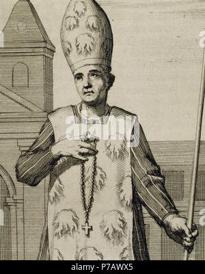 Convicted heretic before the Inquisition wearing a Fuego Revolto. Engraving. 1692. Stock Photo